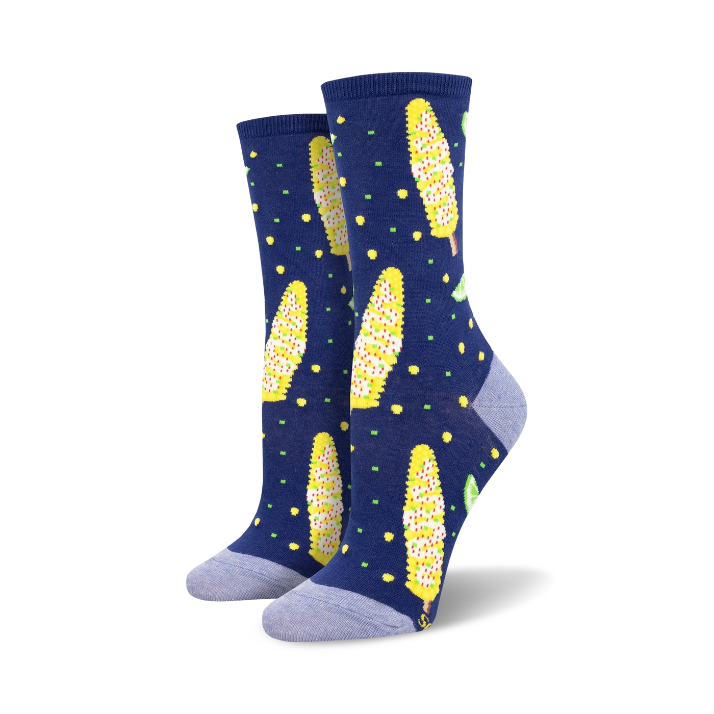 Pair of women's crew socks.  Navy blue background with yellow Elote (Mexican street corn) designs, lime accents, and yellow polka dots.