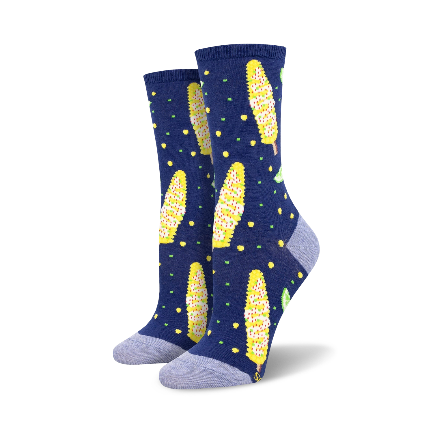 Pair of women's crew socks.  Navy blue background with yellow Elote (Mexican street corn) designs, lime accents, and yellow polka dots.