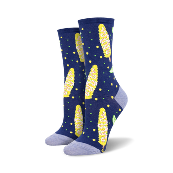  blue crew socks for women featuring a cartoon corn on the cob pattern with red, white, yellow kernels and green husks.   