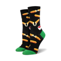 Pair of women's crew socks. Black background with image of mozzarella sticks and marinara. Green heel and toe.