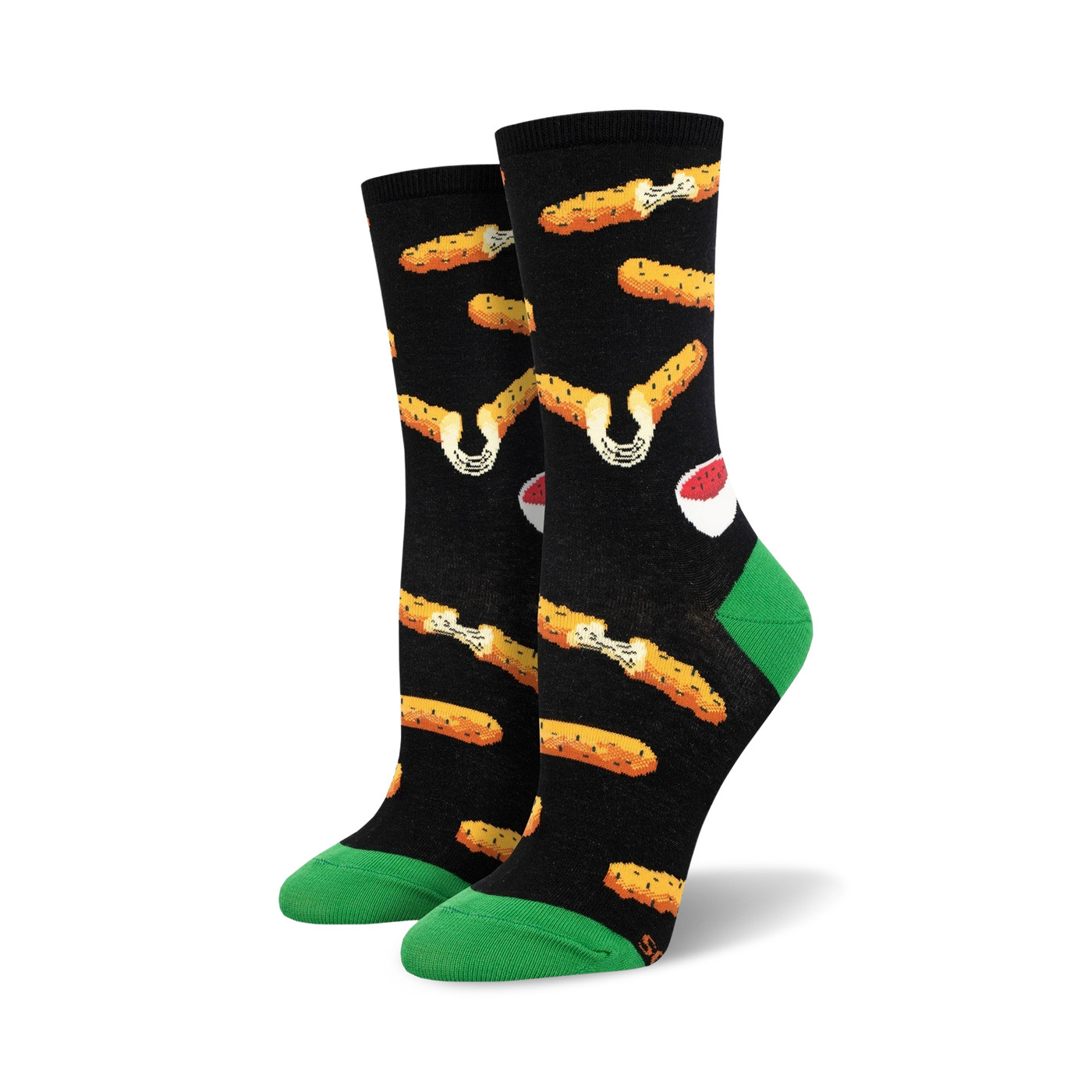 Pair of women's crew socks. Black background with image of mozzarella sticks and marinara. Green heel and toe.