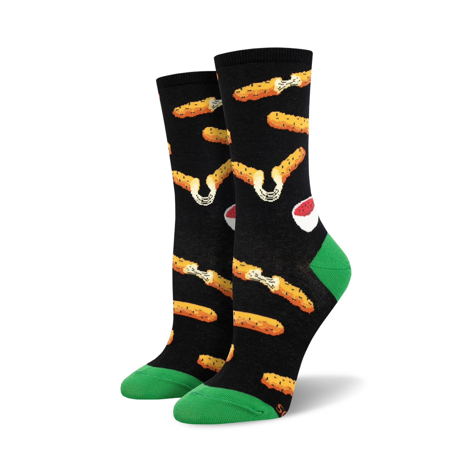 Pair of women's crew socks. Black background with image of mozzarella sticks and marinara. Green heel and toe.