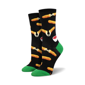 black crew socks featuring golden brown and crispy mozzarella sticks with red chunky marinara sauce. green toe and heel.  