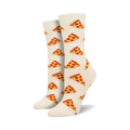 Pair of off-white crew socks adorned with a repeating pattern of red and yellow pizza slices.