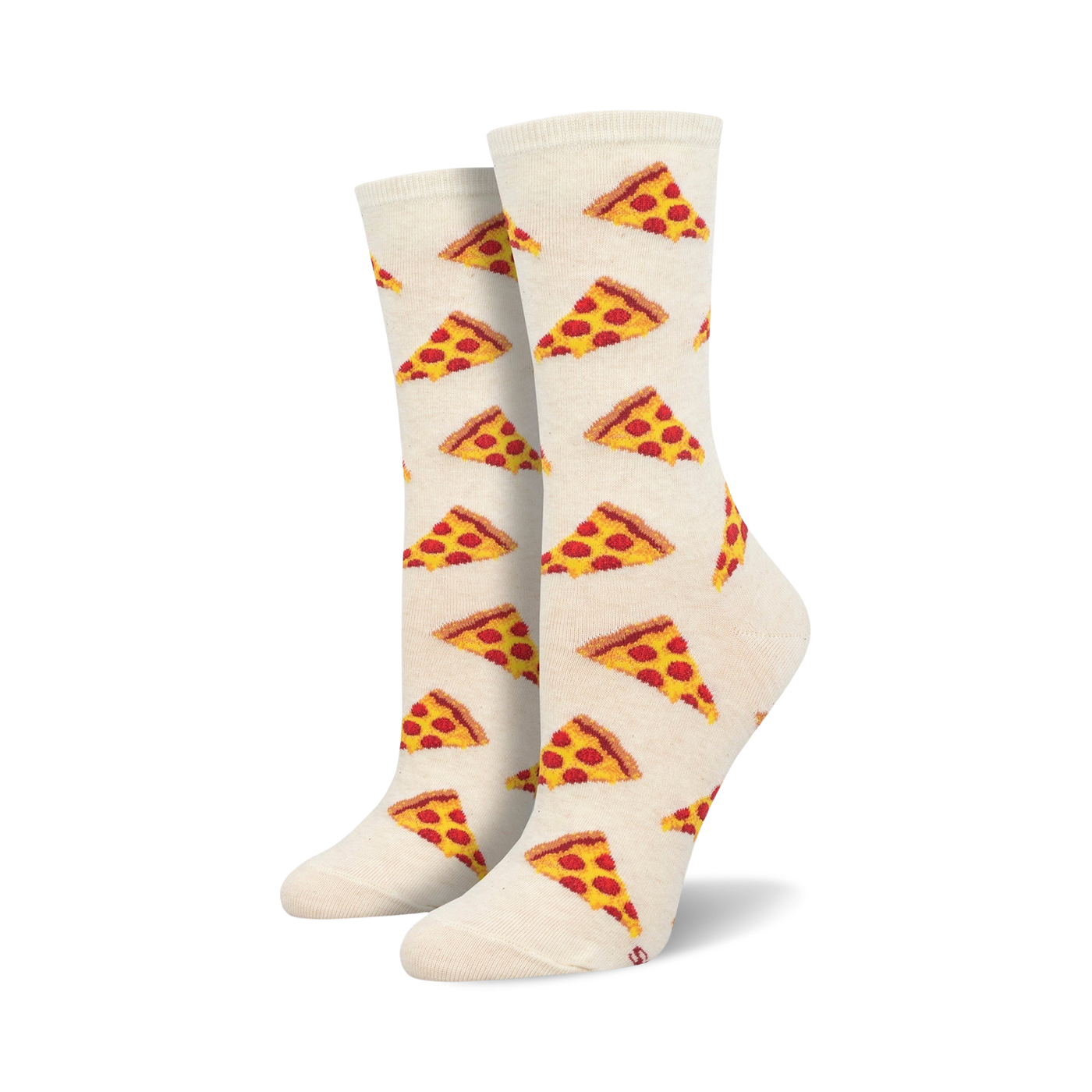 Pair of off-white crew socks adorned with a repeating pattern of red and yellow pizza slices.