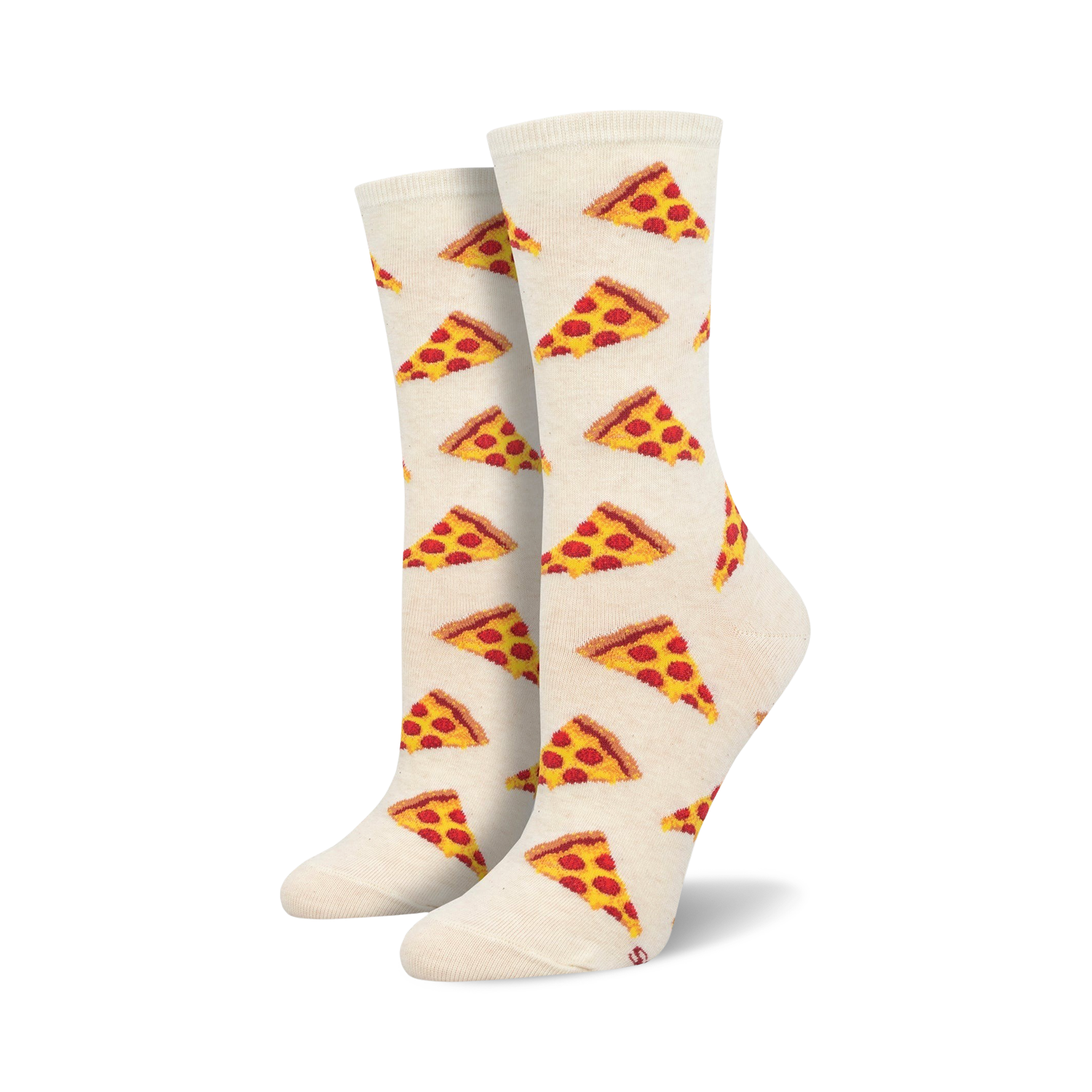 Pair of off-white crew socks adorned with a repeating pattern of red and yellow pizza slices.
