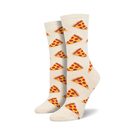 novelty crew socks featuring a repeating pattern of pizza slices with red pepperoni and yellow melted cheese on a white background.  
