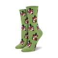 Pair of women's crew socks in green and teal, featuring a repeating pattern of charcuterie boards with cheeses, meats, and fruits.