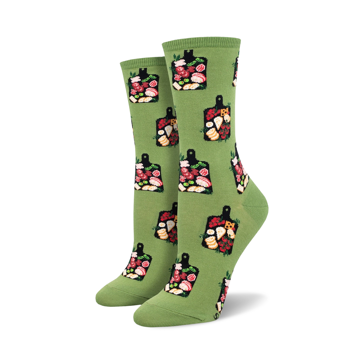 Pair of women's crew socks in green and teal, featuring a repeating pattern of charcuterie boards with cheeses, meats, and fruits.