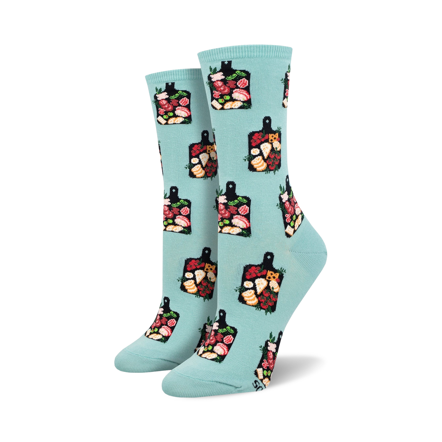 Lifestyle shot showing a person wearing the teal 'Charcuterie' socks.