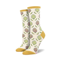 Cream crew socks with a repeating pattern of green and purple artichokes. Mustard yellow cuffs.