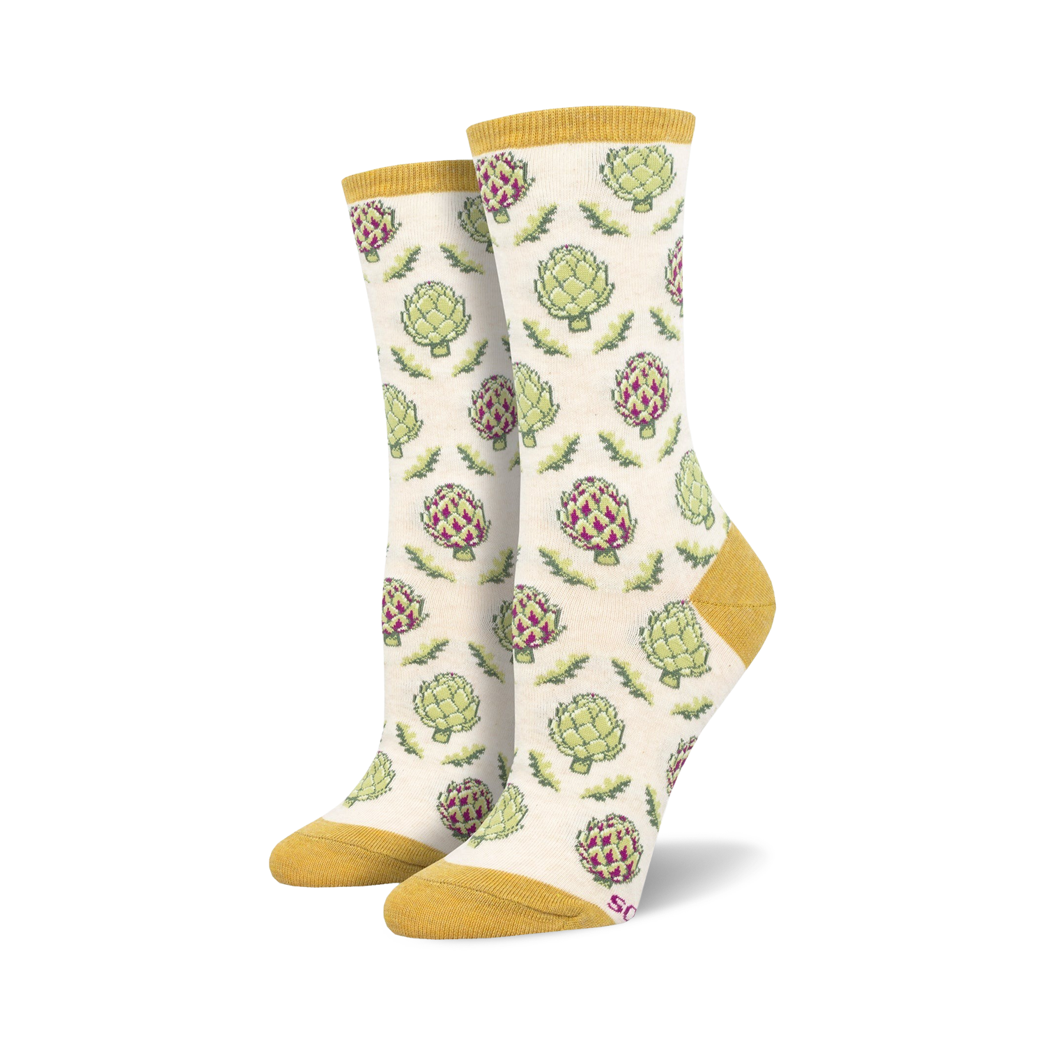 Cream crew socks with a repeating pattern of green and purple artichokes. Mustard yellow cuffs.
