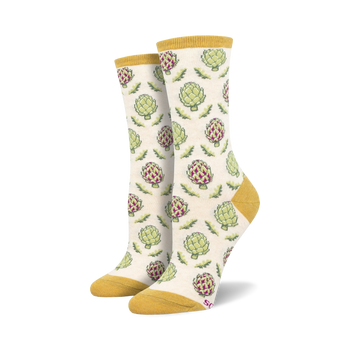 women's okie dokie artichoke crew socks in cream, green, yellow, and purple.   