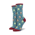 Close-up of blue crew socks with artichoke pattern and maroon cuffs.