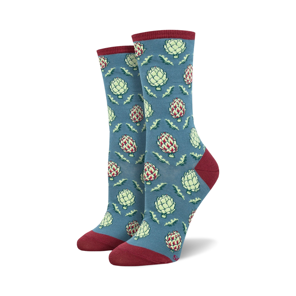 Close-up of blue crew socks with artichoke pattern and maroon cuffs.