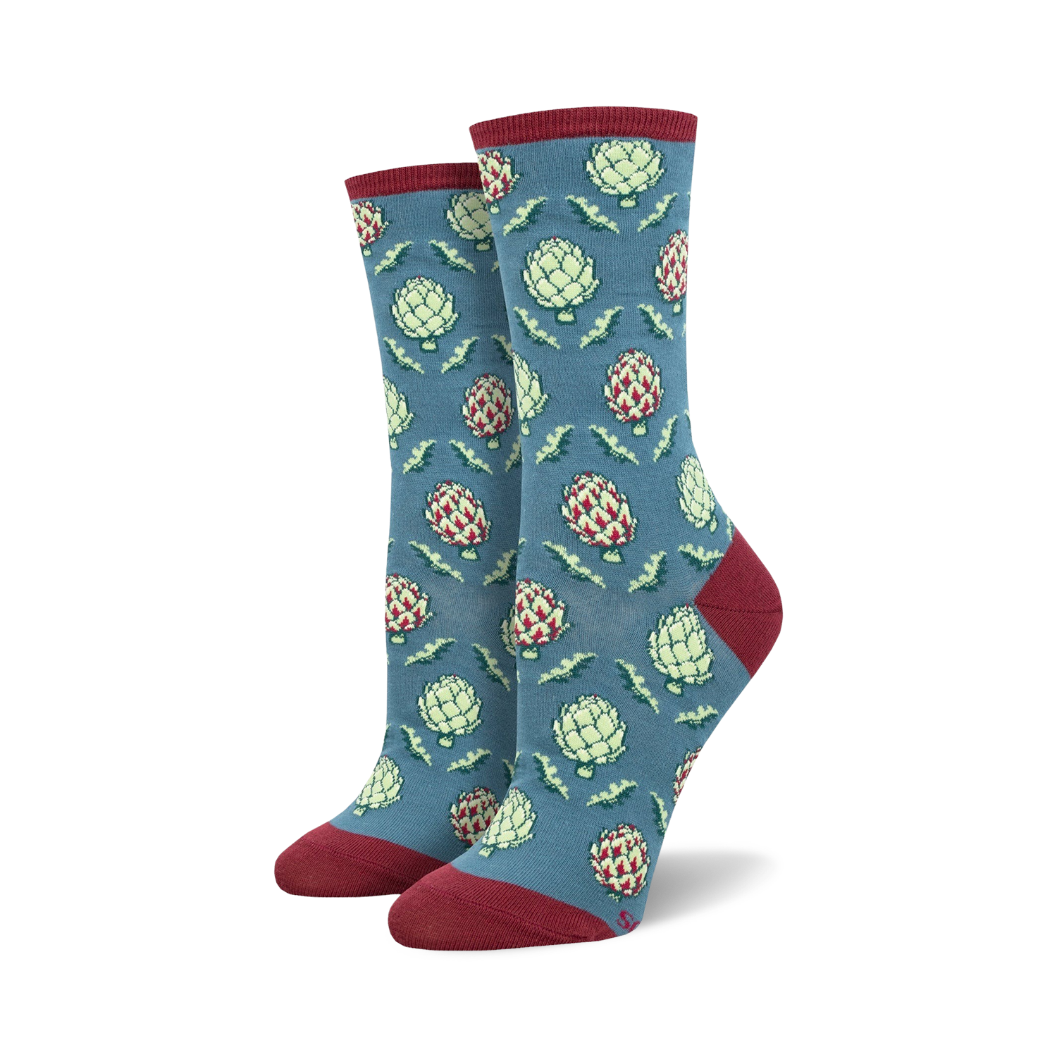 Close-up of blue crew socks with artichoke pattern and maroon cuffs.