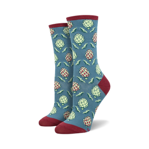 okie dokie artichokie socks. women's crew socks with artichoke pattern. blue, green, and red.  