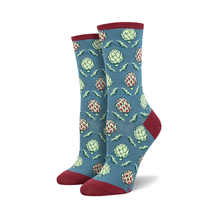 okie dokie artichokie socks. women's crew socks with artichoke pattern. blue, green, and red.  
