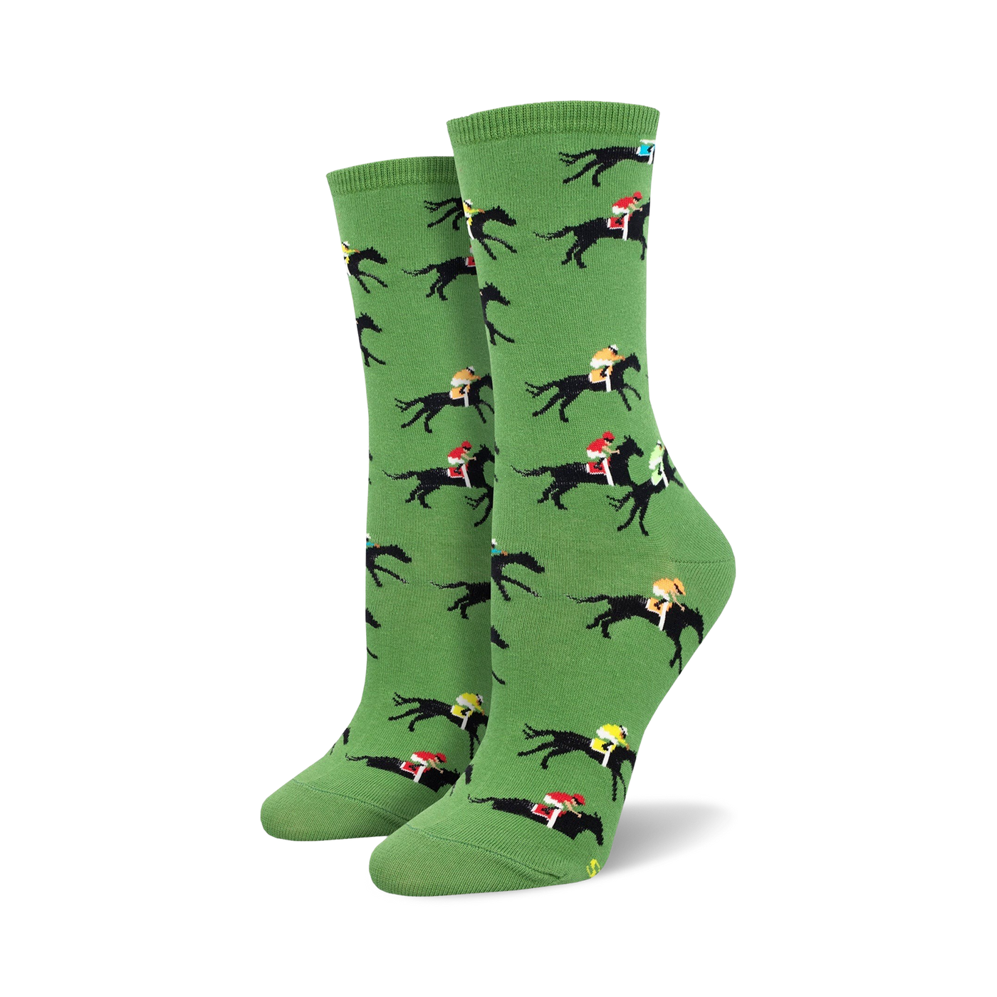Pair of women's crew socks in green, featuring a repeating pattern of black horses and colorful jockeys.