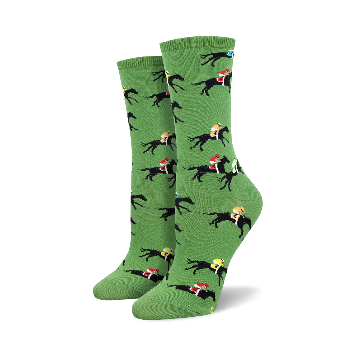 Pair of women's crew socks in green, featuring a repeating pattern of black horses and colorful jockeys.