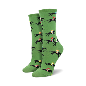 black horses with red, blue, and yellow jockeys on a green background. crew length socks for women. theme: horse racing.  