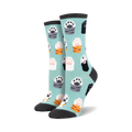 Pair of women's crew socks with a teal background. The socks are adorned with a pattern of cat paws in sushi, in shades of grey, orange, pink, and black.