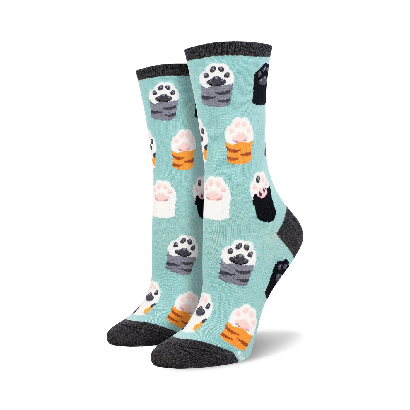 Pair of women's crew socks with a teal background. The socks are adorned with a pattern of cat paws in sushi, in shades of grey, orange, pink, and black.
