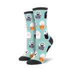 Pair of women's crew socks with a teal background. The socks are adorned with a pattern of cat paws in sushi, in shades of grey, orange, pink, and black.