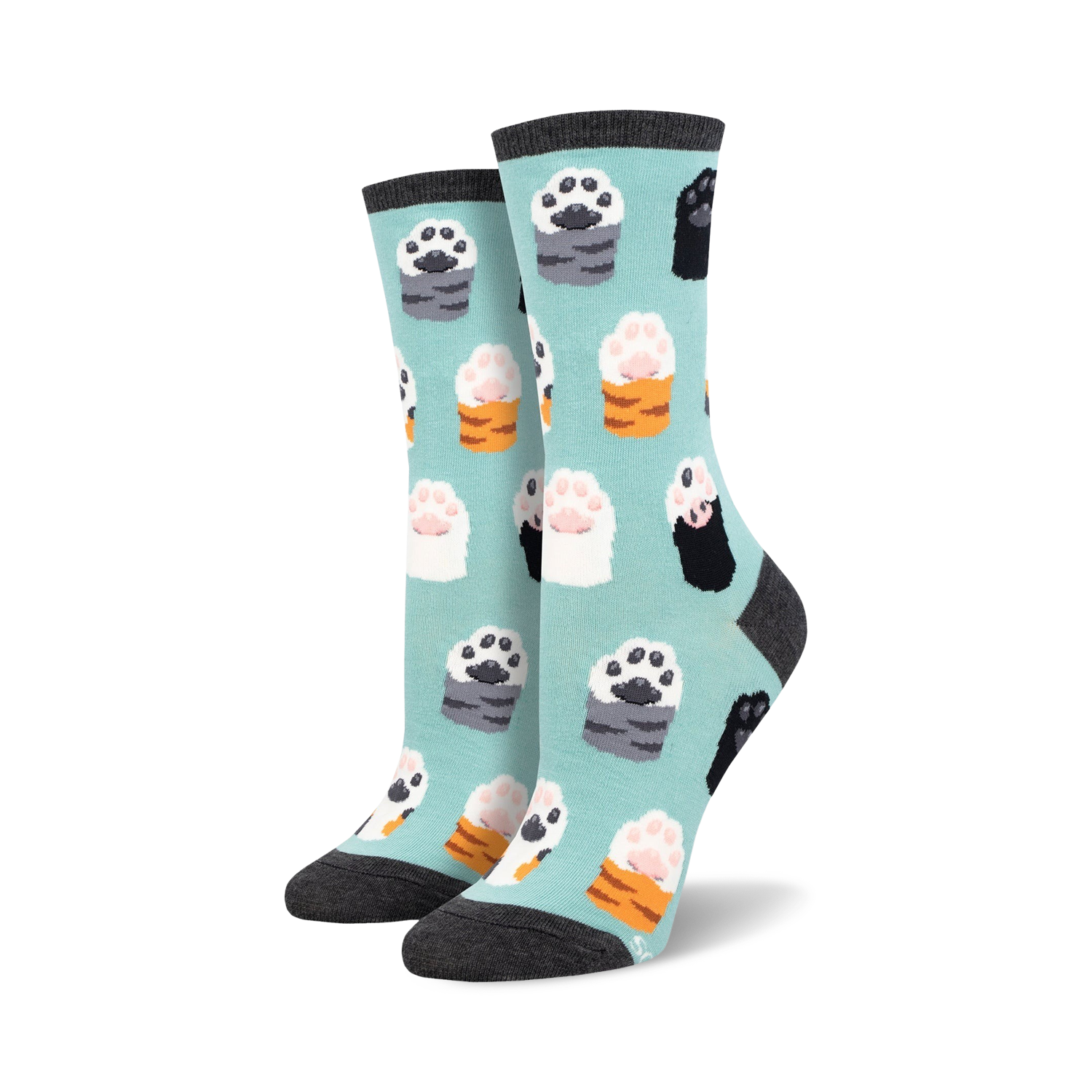 Pair of women's crew socks with a teal background. The socks are adorned with a pattern of cat paws in sushi, in shades of grey, orange, pink, and black.