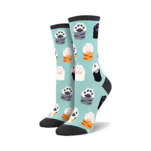 Pair of women's crew socks with a teal background. The socks are adorned with a pattern of cat paws in sushi, in shades of grey, orange, pink, and black.