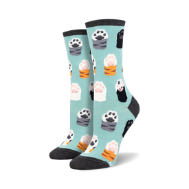 women's light blue crew socks with black, gray, and orange cat paw print with pink toe beans.   