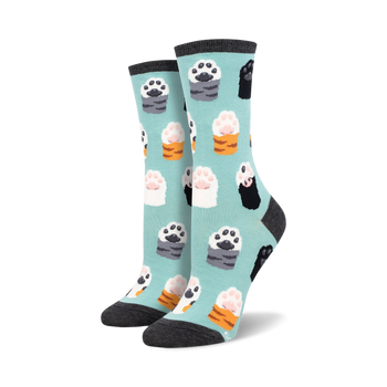 women's light blue crew socks with black, gray, and orange cat paw print with pink toe beans.   