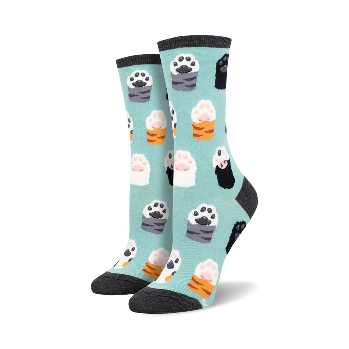 women's light blue crew socks with black, gray, and orange cat paw print with pink toe beans.    }}