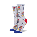 Pair of crew socks with a light grey background featuring illustrations of French bulldogs in sailor shirts, Eiffel Towers, and the word 'Bonjour!'