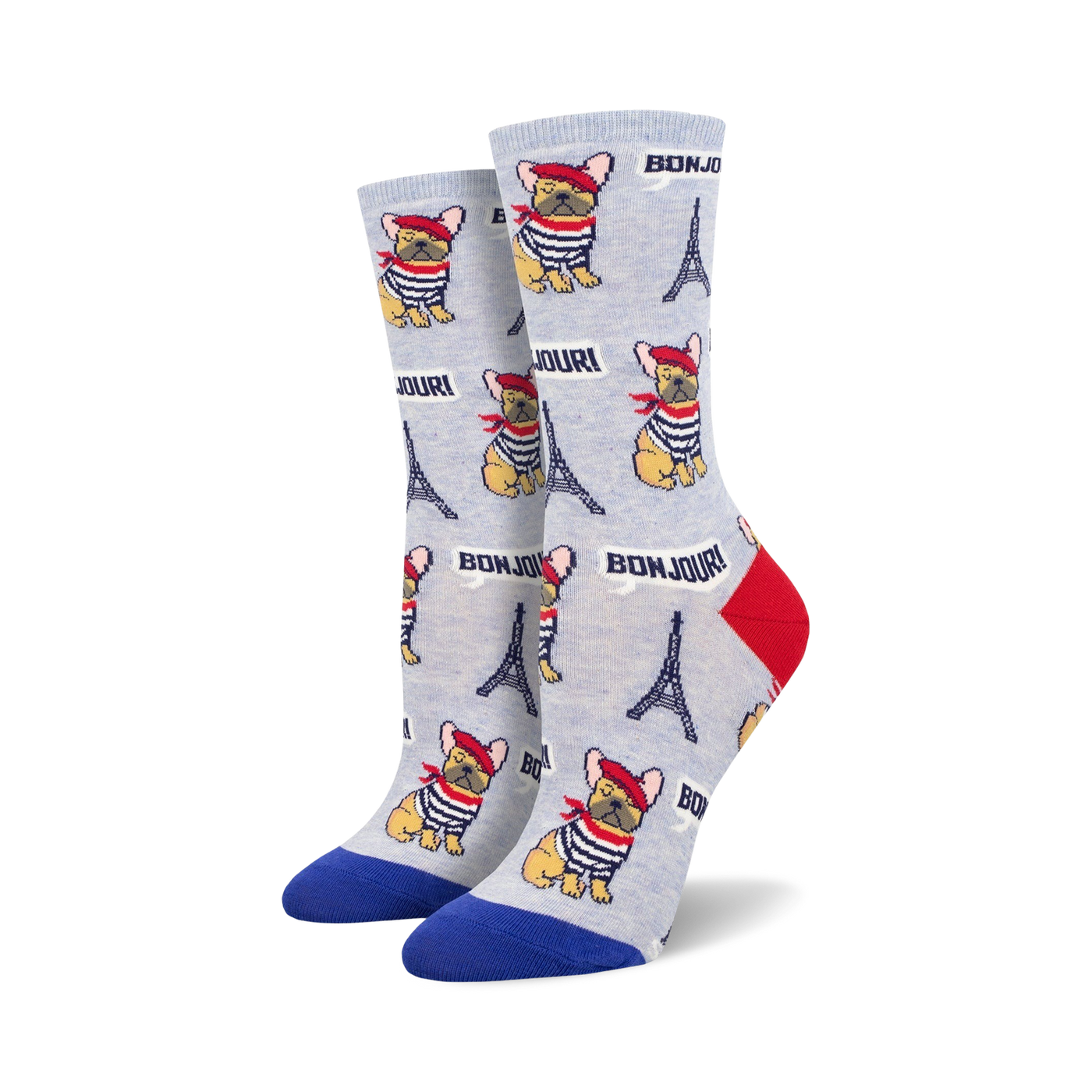 Pair of crew socks with a light grey background featuring illustrations of French bulldogs in sailor shirts, Eiffel Towers, and the word 'Bonjour!'