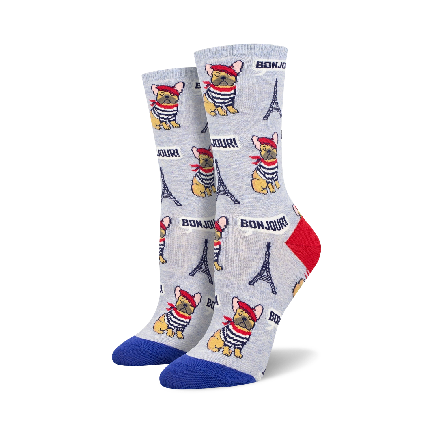 Pair of crew socks with a light grey background featuring illustrations of French bulldogs in sailor shirts, Eiffel Towers, and the word 'Bonjour!'