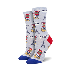 womens crew socks with allover pattern of cartoon french bulldogs wearing berets and striped shirts with eiffel tower images.  