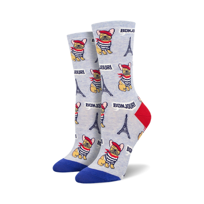 womens crew socks with allover pattern of cartoon french bulldogs wearing berets and striped shirts with eiffel tower images.  