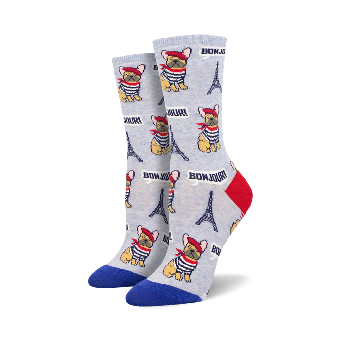 womens crew socks with allover pattern of cartoon french bulldogs wearing berets and striped shirts with eiffel tower images.   }}