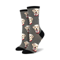 Pair of crew socks with a repeating pattern of yellow Labrador Retriever faces on a grey background.  Black cuffs.