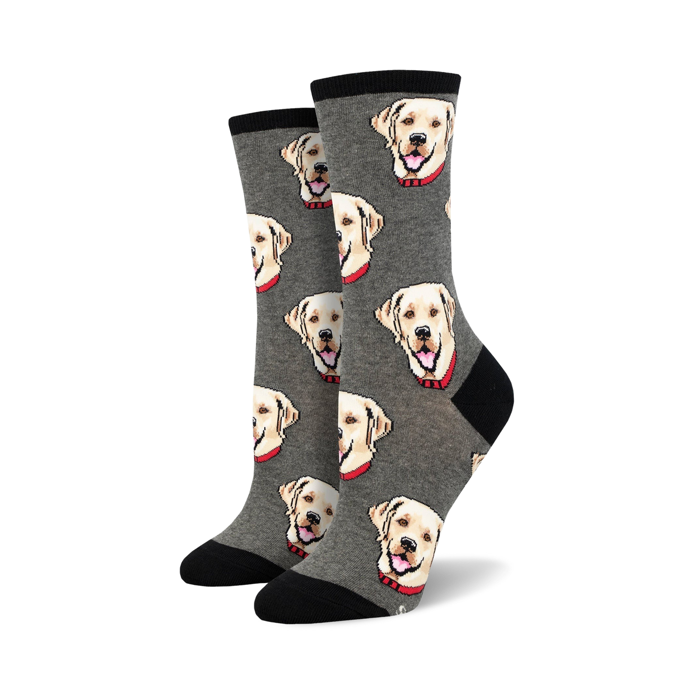 Pair of crew socks with a repeating pattern of yellow Labrador Retriever faces on a grey background.  Black cuffs.