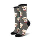 Pair of crew socks with a repeating pattern of yellow Labrador Retriever faces on a grey background.  Black cuffs.