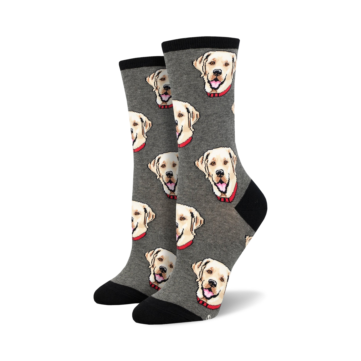 Pair of crew socks with a repeating pattern of yellow Labrador Retriever faces on a grey background.  Black cuffs.