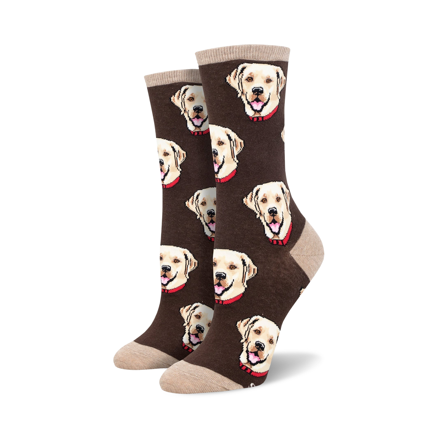 Close-up of brown Labrador socks with beige cuffs, showcasing the adorable dog pattern.