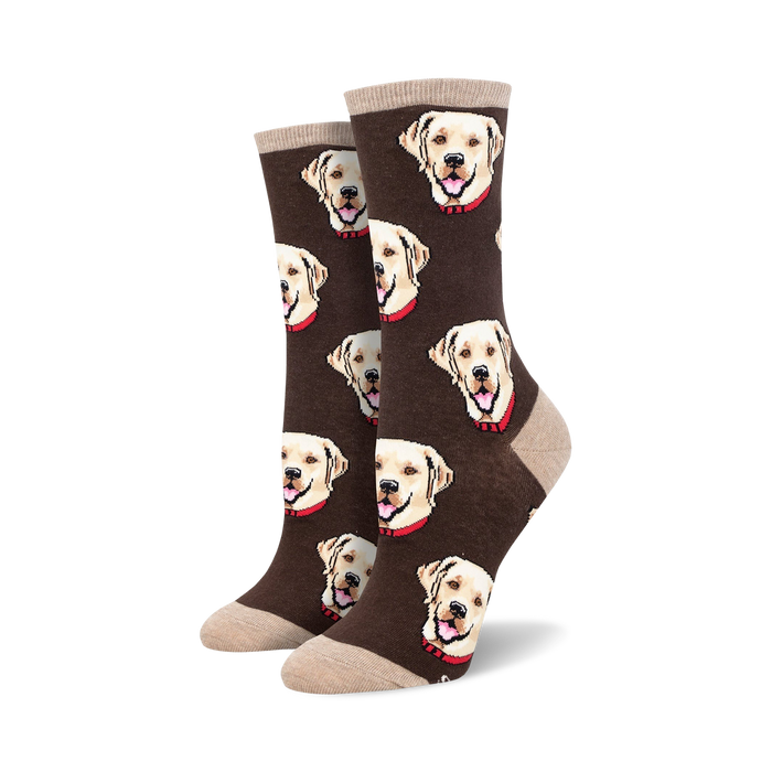 brown crew socks with pattern of labrador heads; fun socks for women.  