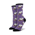 Purple crew socks with a repeating pattern of opossums cuddling on a branch.  Black heel and toe.