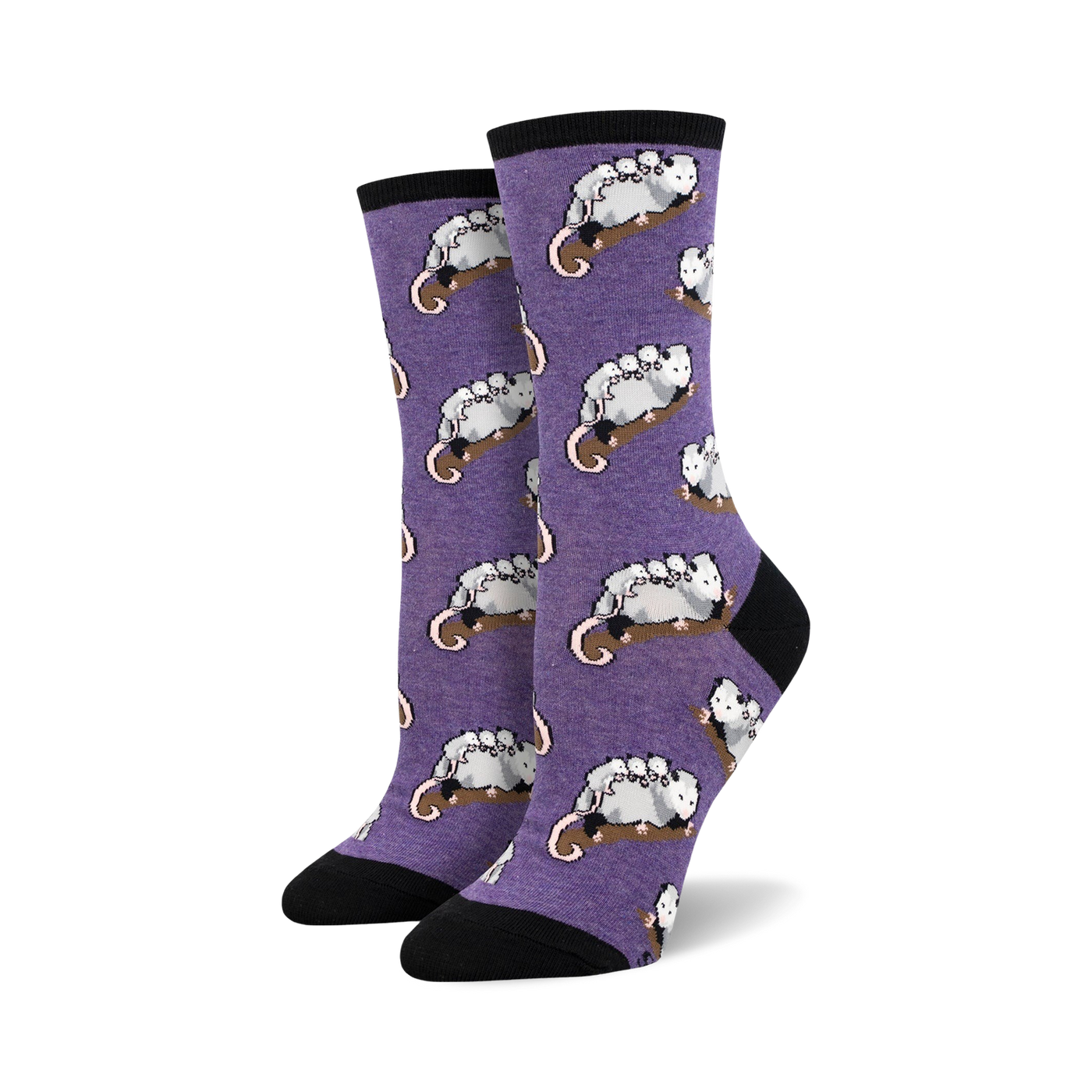 Purple crew socks with a repeating pattern of opossums cuddling on a branch.  Black heel and toe.