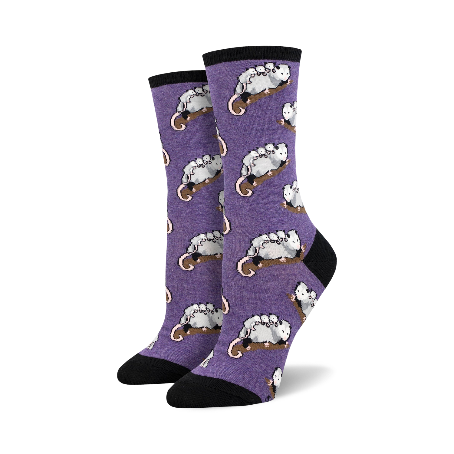 Purple crew socks with a repeating pattern of opossums cuddling on a branch.  Black heel and toe.