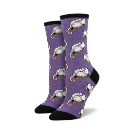 women's purple crew socks with gray and white opossum family design and black toe and heel.   