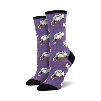 women's purple crew socks with gray and white opossum family design and black toe and heel.   